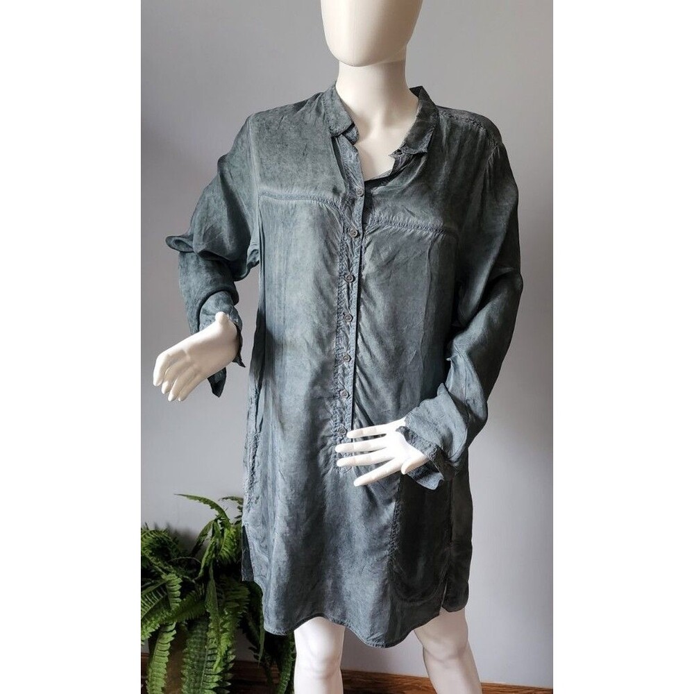 Johnny Was Pete & Greta Cupro Blue Teal Cargo pocket Tyedye acid wash Dress Sz S
